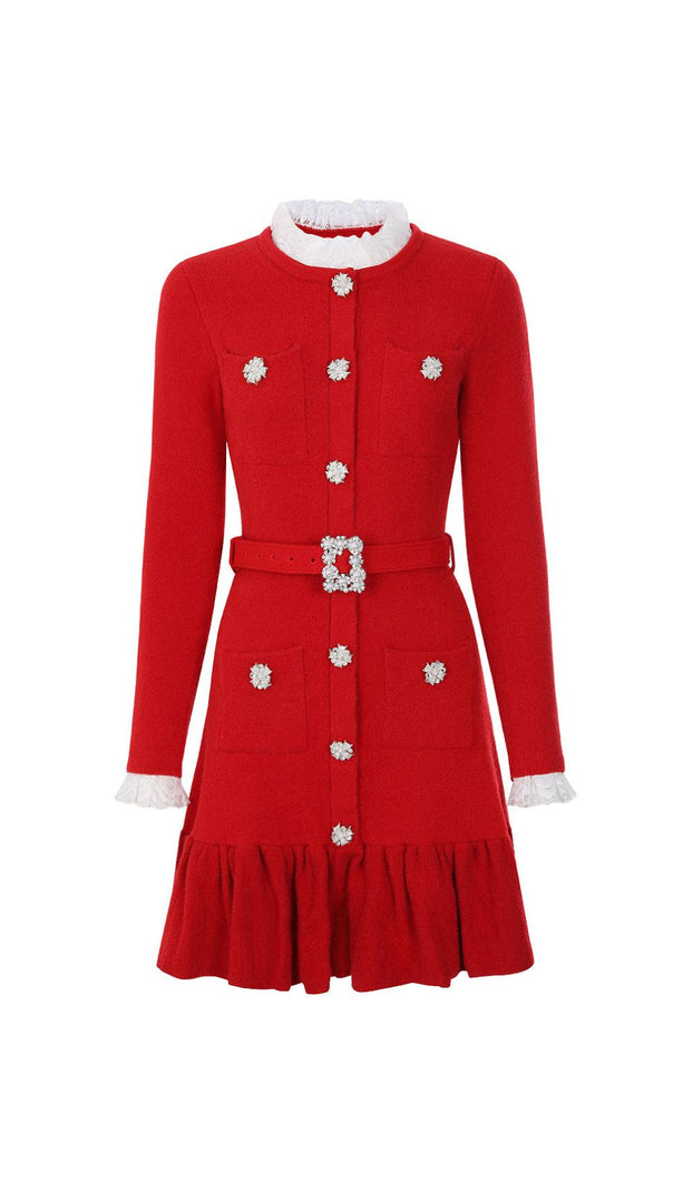 AIIZIE Vibrant Red Knit Mini Dress | Ruffle Lace, Sparkle Buttons & Belted Chic - product image