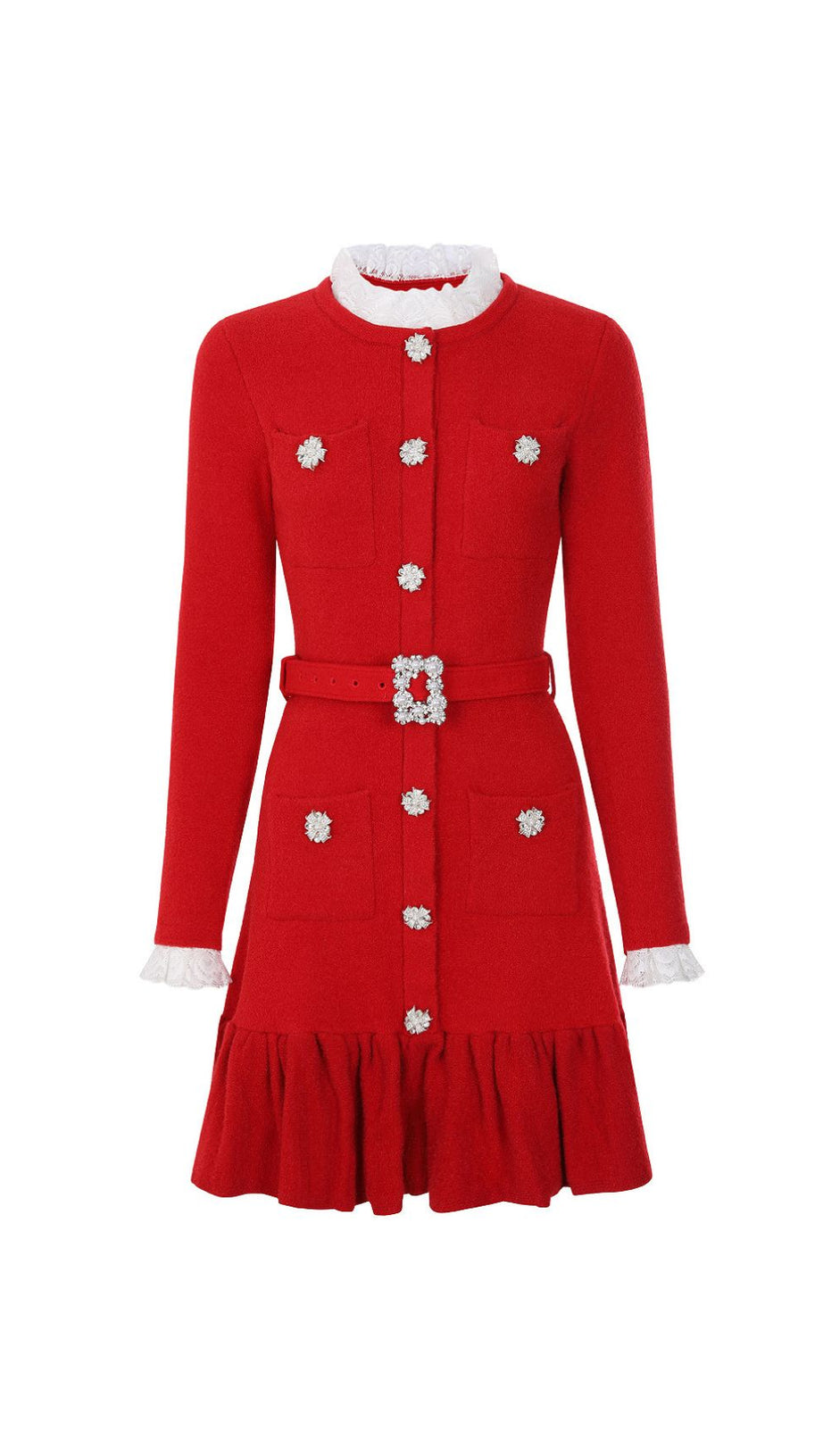 Vibrant Red Knit Mini Dress | Ruffle Lace, Sparkle Buttons & Belted Chic