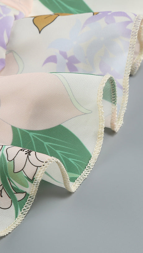 ASYMMETRICAL RUFFLED FLORAL DRAPED MAXI DRESS IN BEIGE