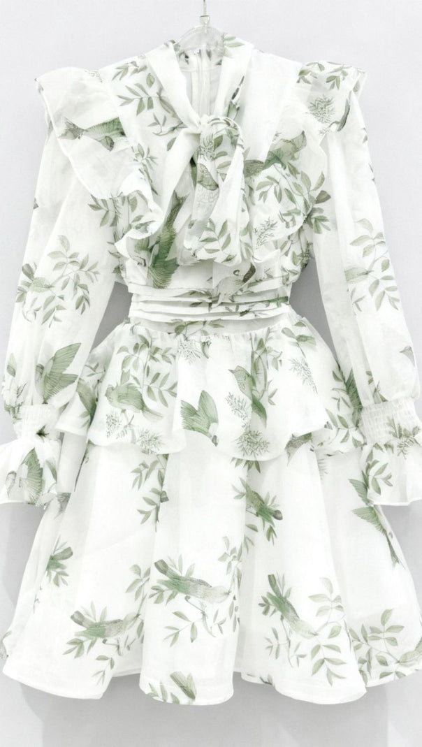 Jorgie Whimsical Bird Print Tiered Long Sleeve Mini Dress