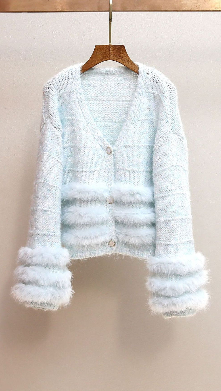 Joanie Luxe Blue Plush Knit Cardigan with Faux Fur Trim for Women
