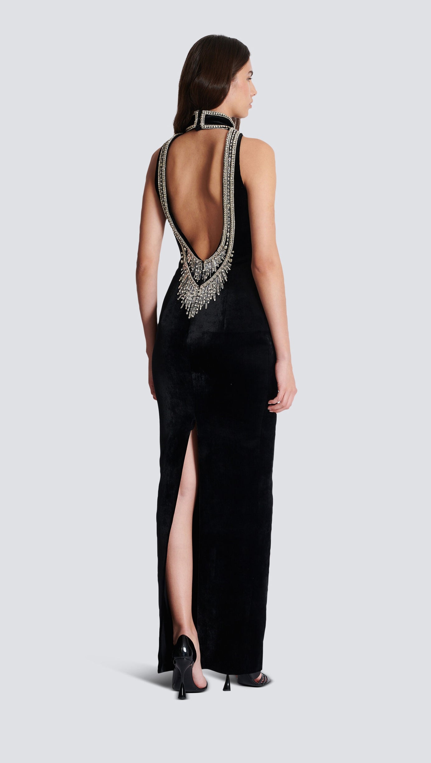 EMBROIDERED VELVET HALTERNECK MAXI DRESS IN BLACK