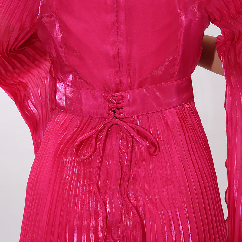 HODAYA VIBRANT PINK PLEATED LONG SLEEVE MAXI DRESS - ELEGANT FORMAL GOWN