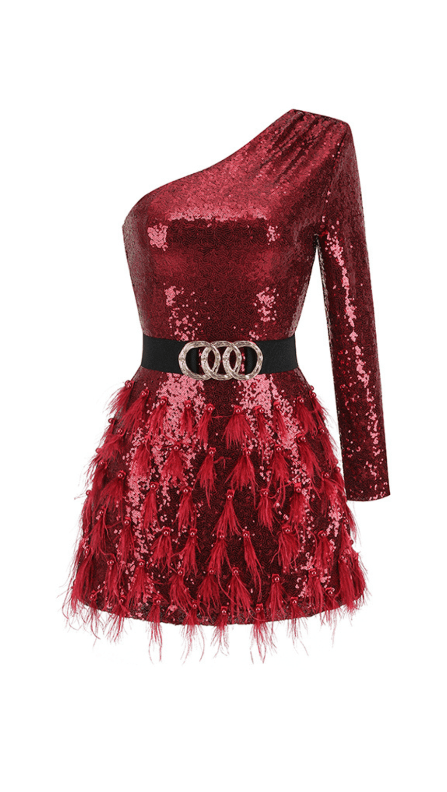 MINI ABITO MONOSPALLA A MANICHE LUNGHE CON PAILLETTES DI PIUME