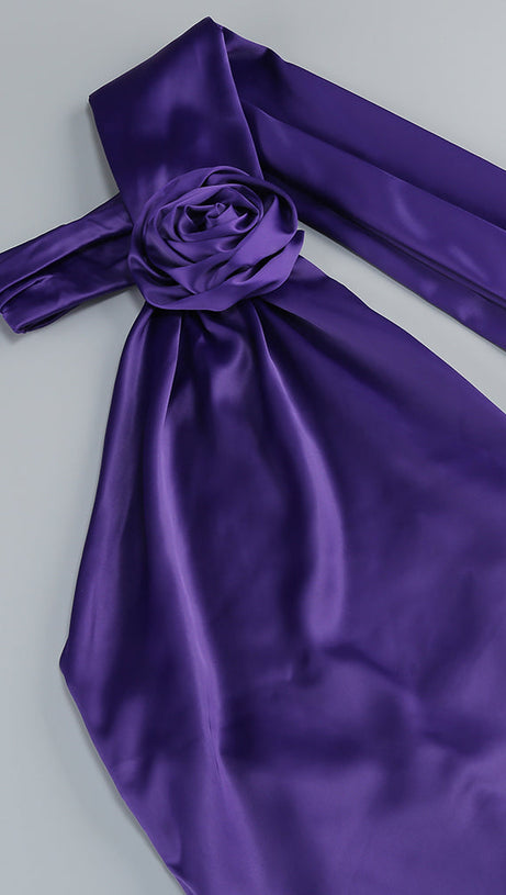 SATIN WRAP HALTER GOWN WITH FLOWER IN PURPLE