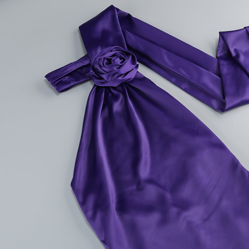 AIIZIE SATIN WRAP HALTER GOWN WITH FLOWER IN PURPLE - product image