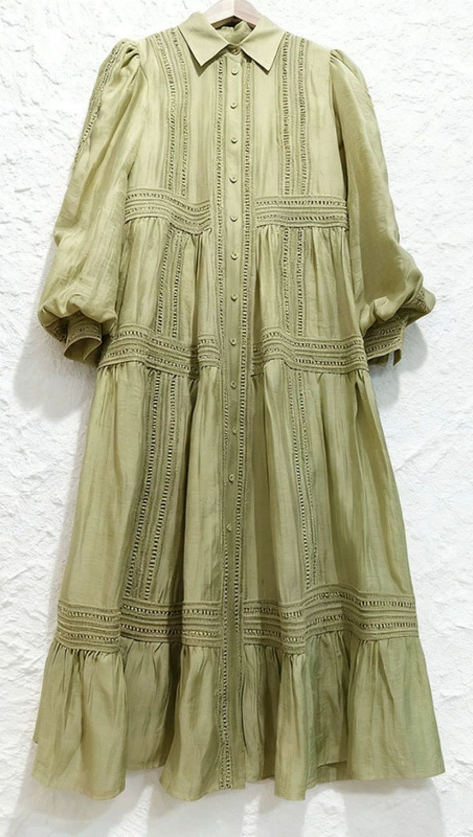 Izumi Sky Blue Lace Tiered Midi Shirtdress | Elegant Long Sleeve Dress for Women