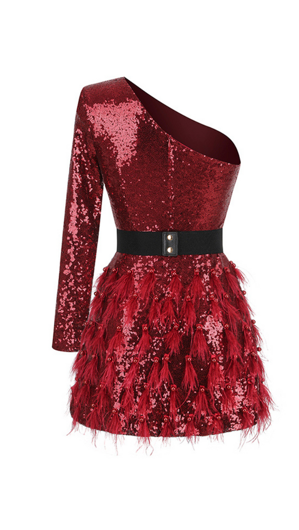 AIIZIE ONE-SHOULDER FEATHER SEQUINS MINI DRESS - product image