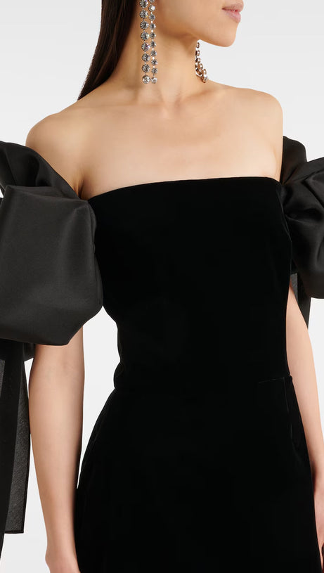 JULIE BOW OFF-SHOULDER MINI DRESS IN BLACK