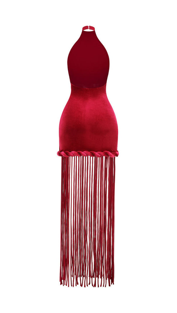 AIIZIE Jayla Red Velvet Halter Maxi Dress with Dramatic Tassels - Ultimate Statement Gown - product image