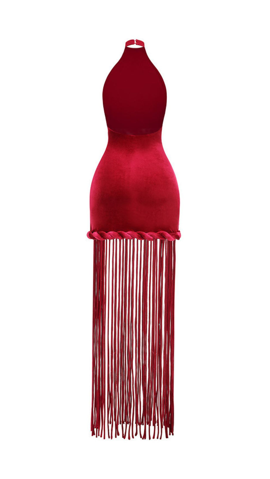 Jayla Red Velvet Halter Maxi Dress with Dramatic Tassels - Ultimate Statement Gown