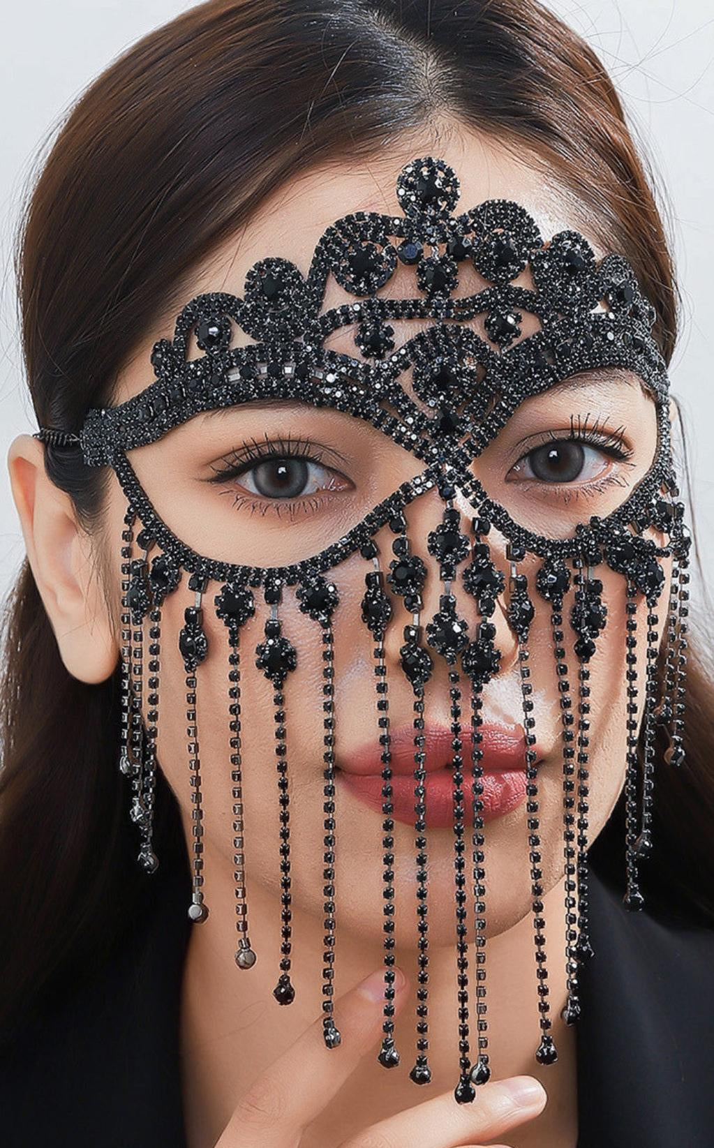 DELFINA RHINESTONE TASSEL MASK