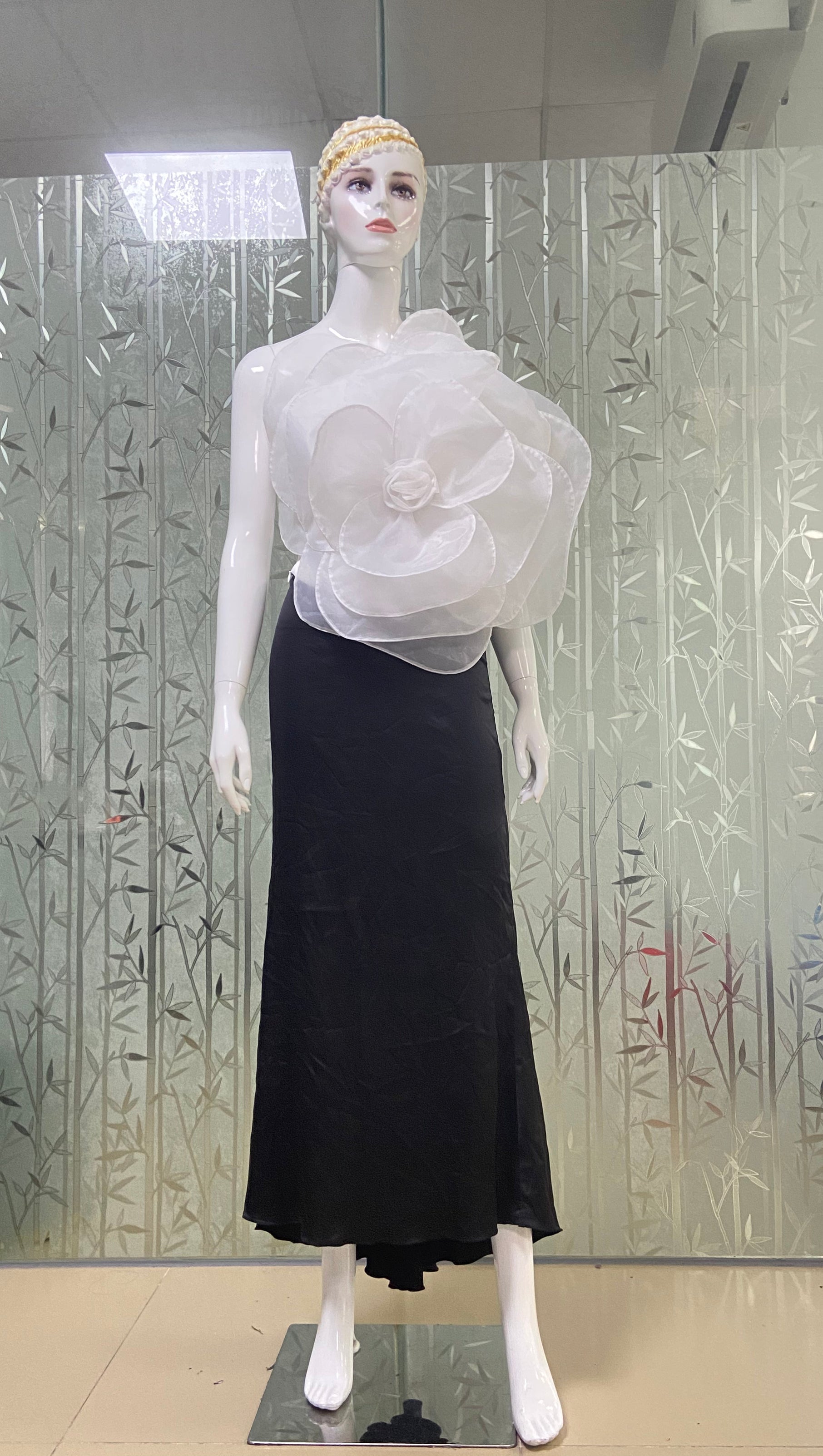 AIIZIE 3D WHITE FLOWER ONE-SHOULDER MAXI DRESS IN BLACK - product image
