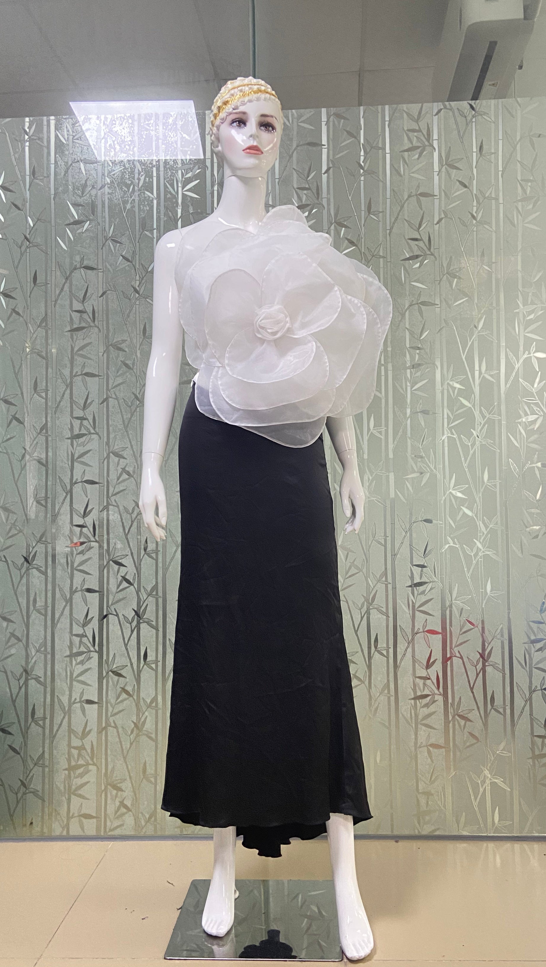 3D WHITE FLOWER ONE-SHOULDER MAXI DRESS IN BLACK