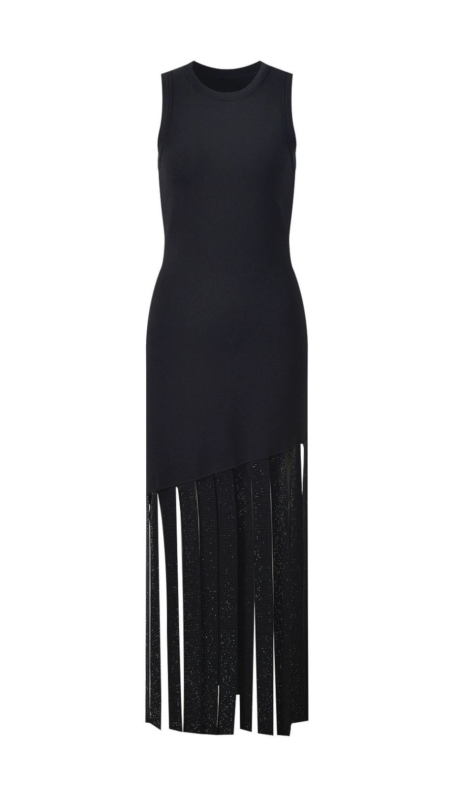 Glamorous Black Sleeveless Maxi Dress with Rhinestone Fringe Hem