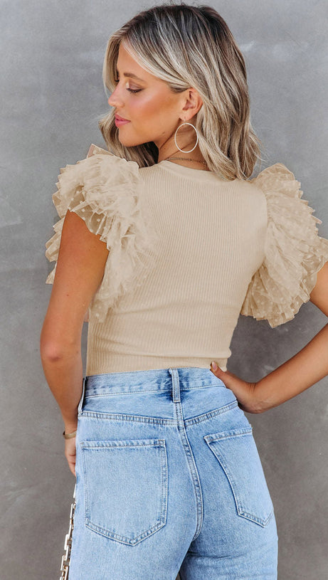 BLACK DOTTY MESH RUFFLE SLEEVE RIBBED KNIT TOP