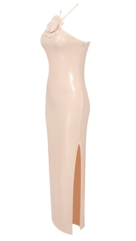 ADELAIDE ROSETTE HALTER SEQUINED GOWN IN CHAMPAGNE