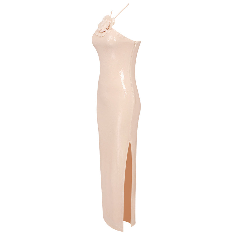 Adelaide Rosette Halter Sequined Gown in Champagne