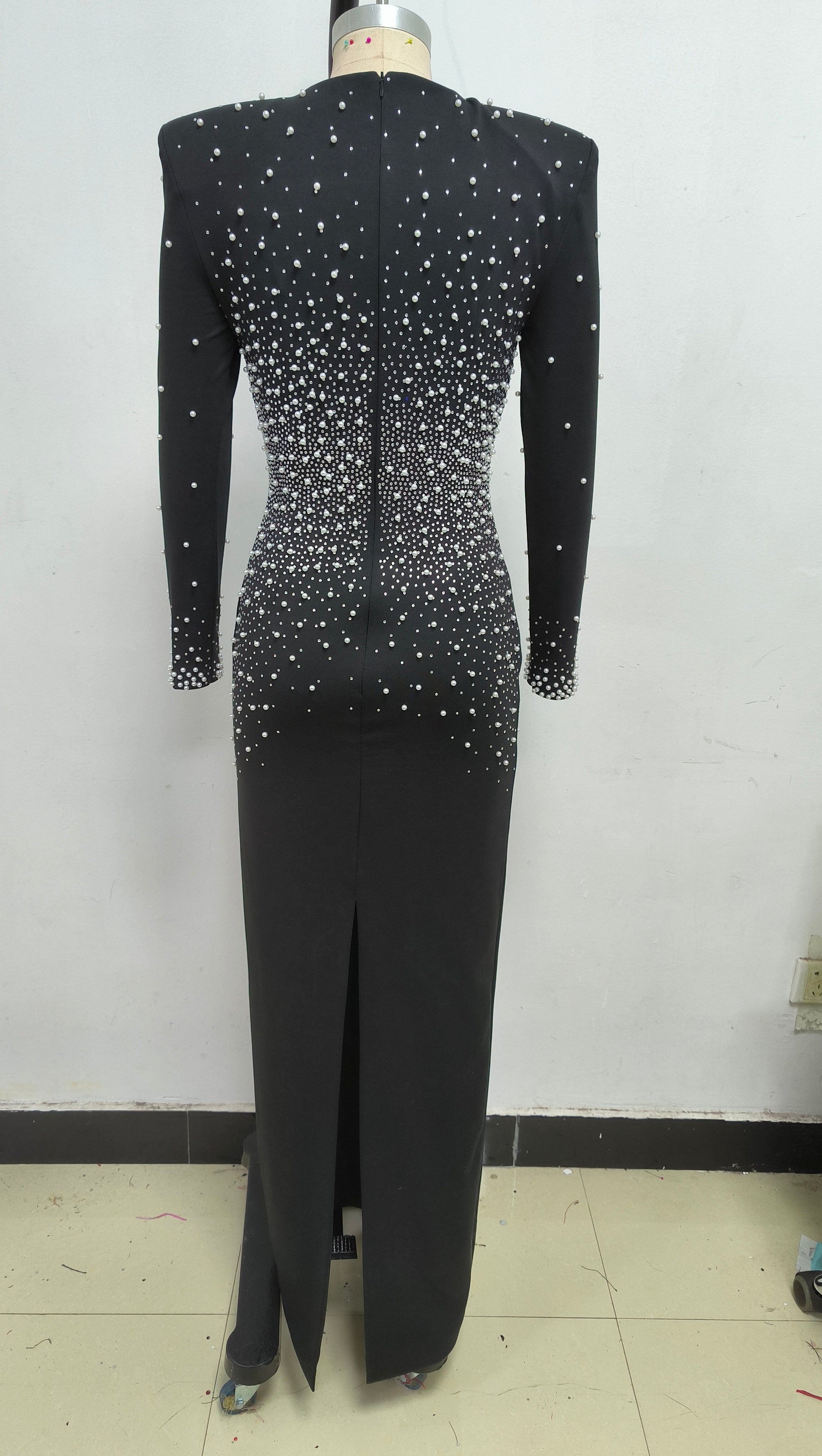 PEARL EMBELLISHED V-NECK MAXI DRESS IN BLACK