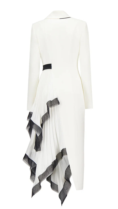 ASYMMETRIC PLEATED RUFFLE TRIM BLAZER DRESS IN WHITE