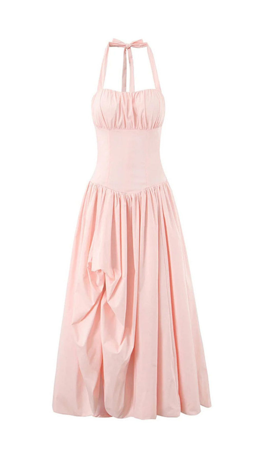 Judas Halter Maxi Dress: Elegant Blush Pink Gown with High Slit & Sculptural Volume