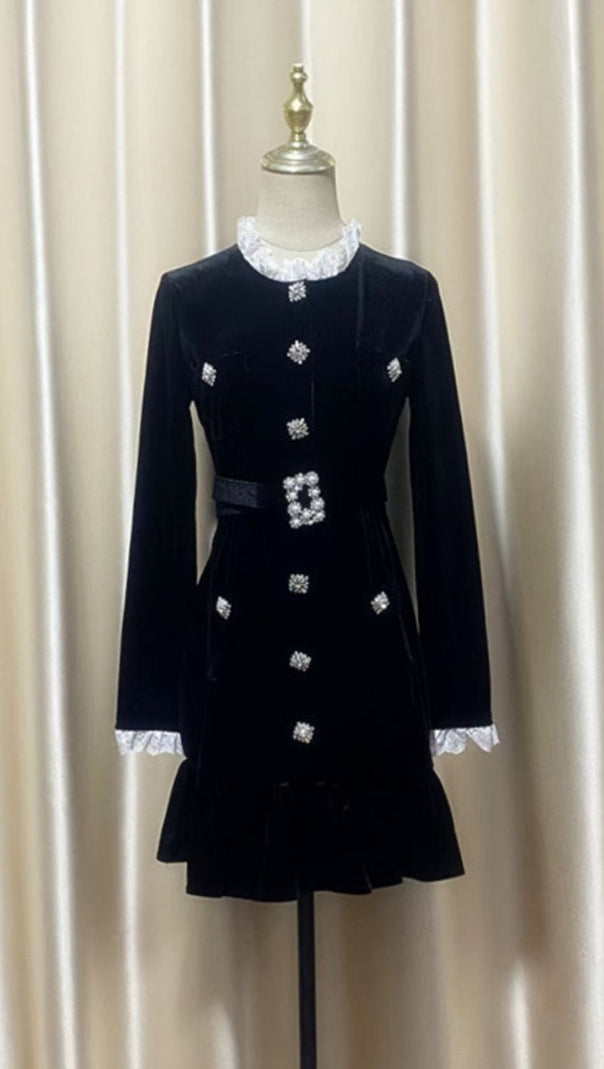 AIIZIE HIRAANI BLACK VELVET GLAM MINI DRESS | LUXE RUFFLE LACE & CRYSTAL EMBELLISHMENTS - product image