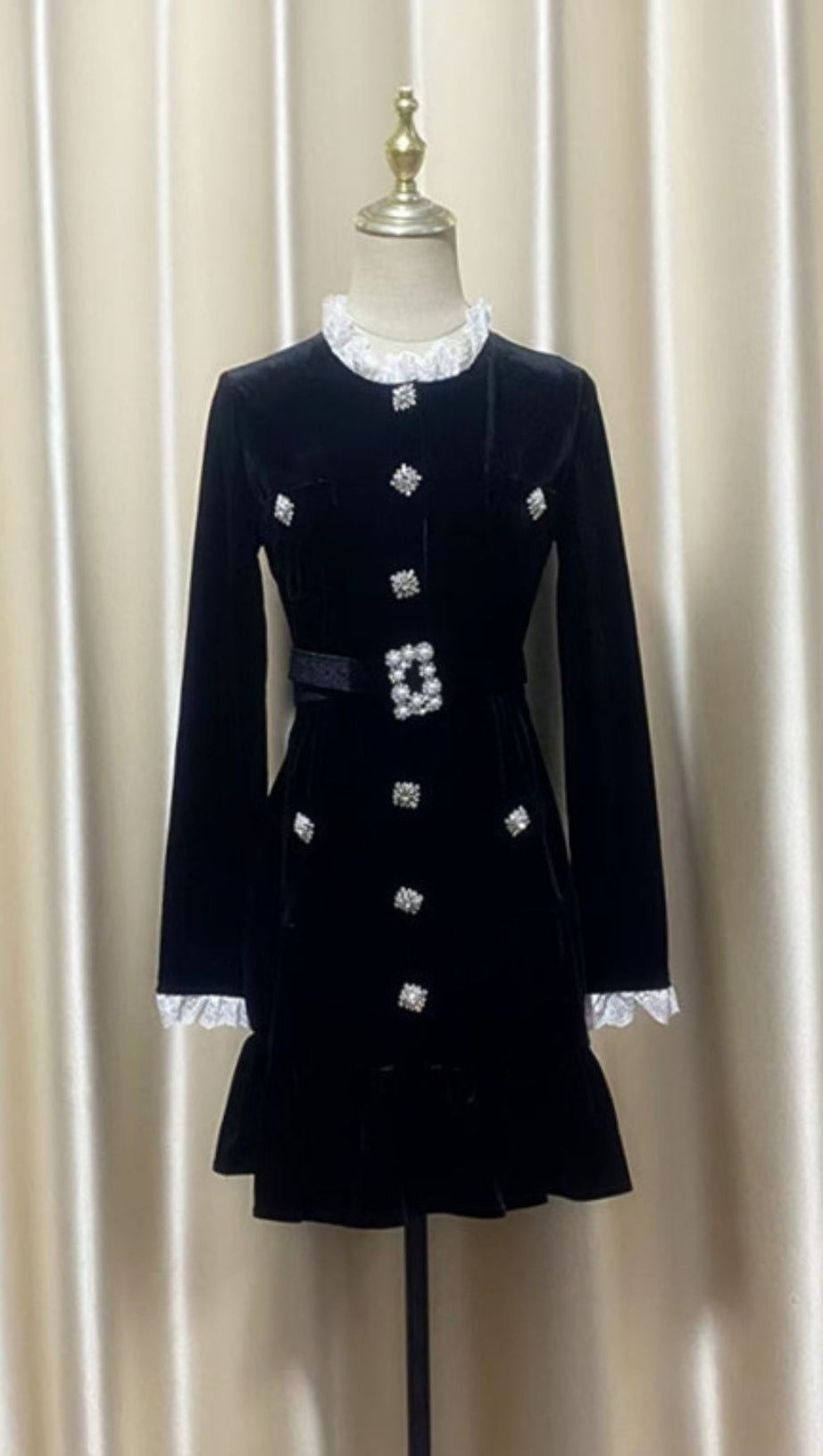 HIRAANI BLACK VELVET GLAM MINI DRESS | LUXE RUFFLE LACE & CRYSTAL EMBELLISHMENTS