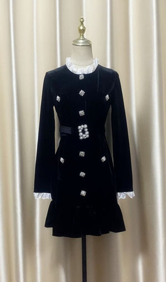 AIIZIE HIRAANI BLACK VELVET GLAM MINI DRESS | LUXE RUFFLE LACE & CRYSTAL EMBELLISHMENTS - product image