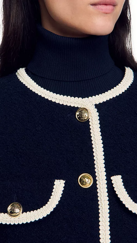 JILL TWEED CONTRAST TRIM JACKET IN NAVY BLUE