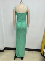 Sparkly Sequin Lace Up Twisted Ruched High Slit Slip Evening Maxi Dress