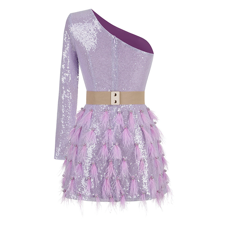 MINI ABITO MONOSPALLA CON PIUME E PAILLETTES