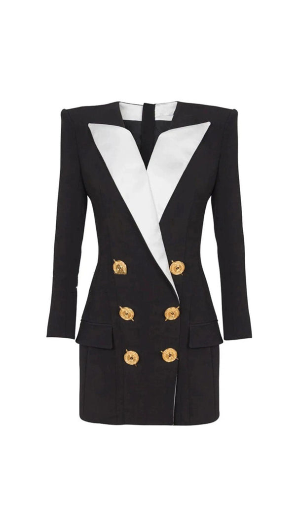 AIIZIE HEULWEN BLACK DOUBLE-BREASTED TUXEDO BLAZER DRESS WITH CONTRAST LAPELS - product image