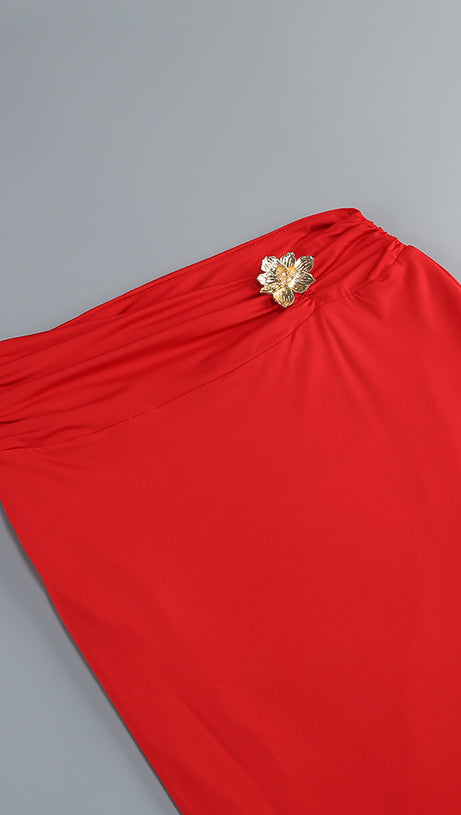 SLANT COLLAR HIGH WAIST SLIM LONG SKIRT RED SUIT