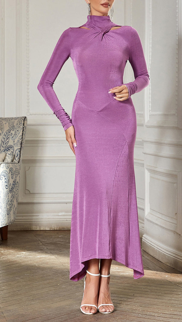AIIZIE PURPLE LONG-SLEEVED HALTER NECK TIGHT FISHTAIL DRESS - product image