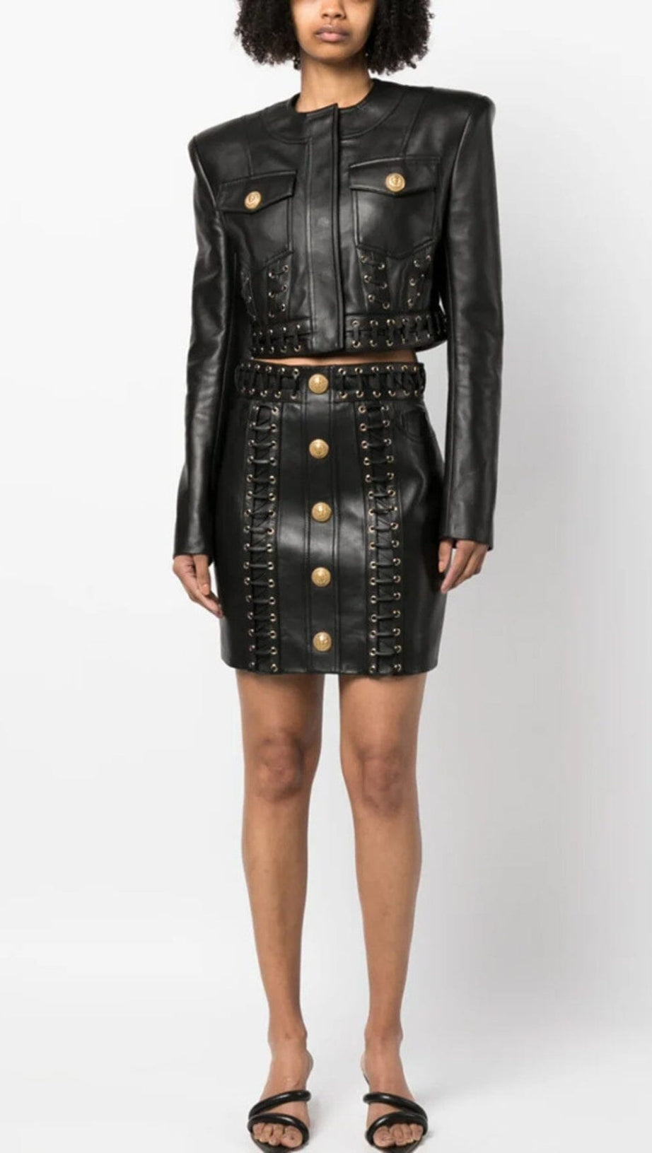 ROUND NECK HEAVY DUTY ROPE SHORT LEATHER JACKET SUIT