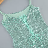 Sparkly Sequin Lace Up Twisted Ruched High Slit Slip Evening Maxi Dress