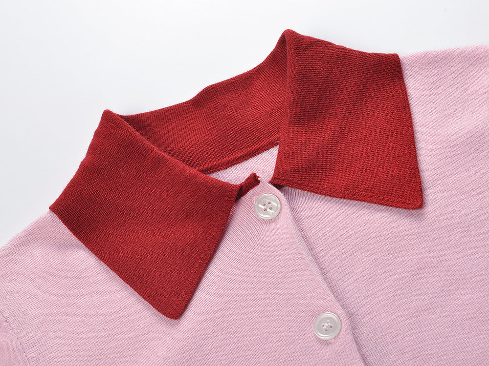 HAIDE WOMEN'S CHIC CONTRAST COLLAR LONG SLEEVE KNIT POLO TOP