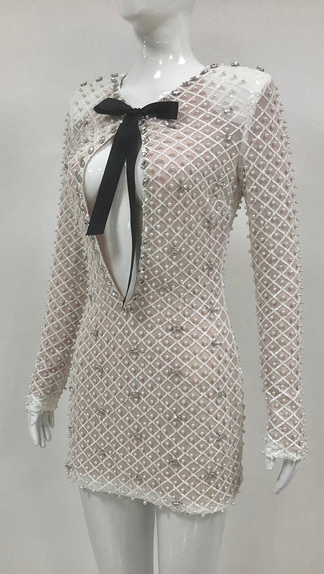PEARL EMBELLISHED CUT OUT MINI DRESS IN BEIGE