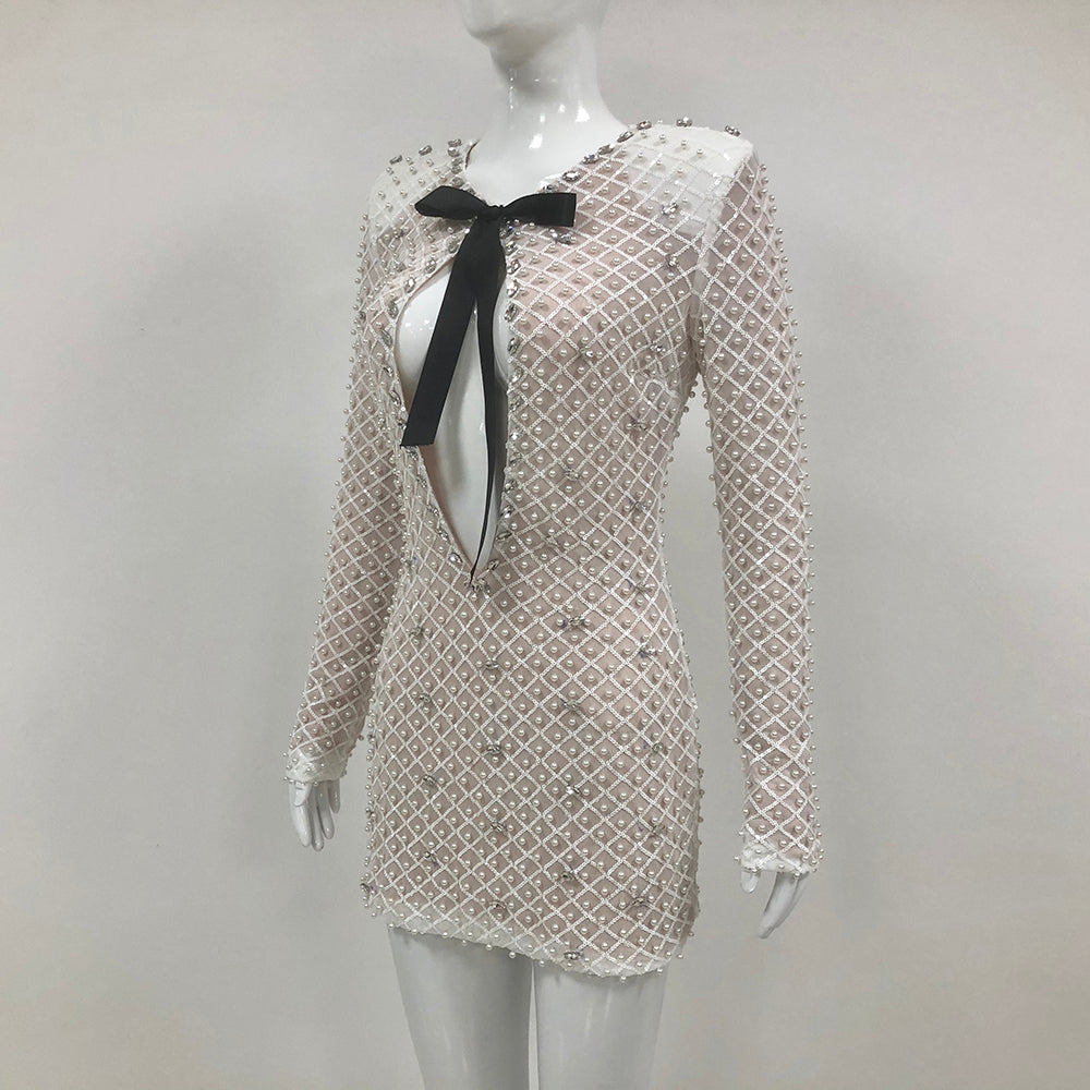 AIIZIE PEARL EMBELLISHED CUT OUT MINI DRESS IN BEIGE - product image