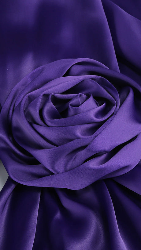 SATIN WRAP HALTER GOWN WITH FLOWER IN PURPLE