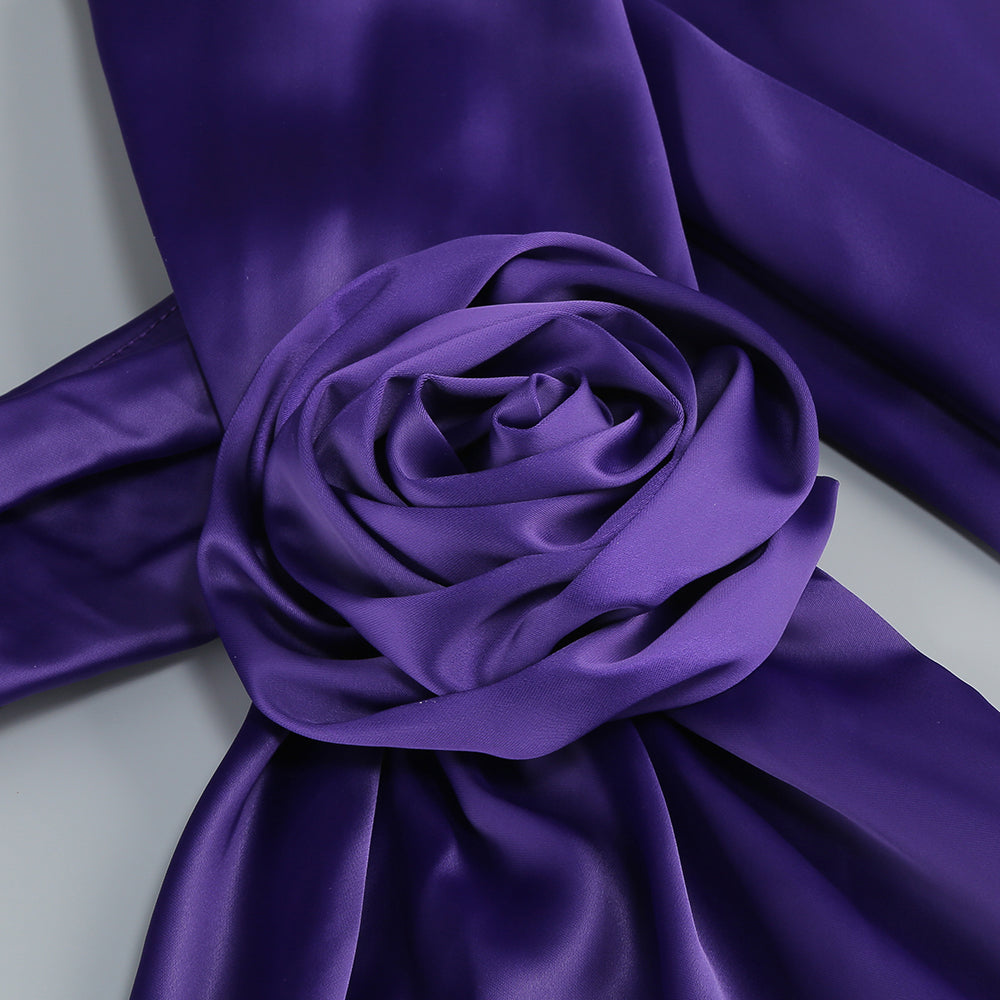AIIZIE SATIN WRAP HALTER GOWN WITH FLOWER IN PURPLE - product image