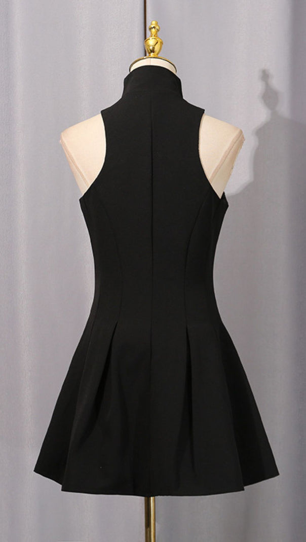 AIIZIE IDOLA BLACK HIGH-NECK MINI DRESS | STATEMENT GOLD ZIPPER SLEEVELESS LBD - product image
