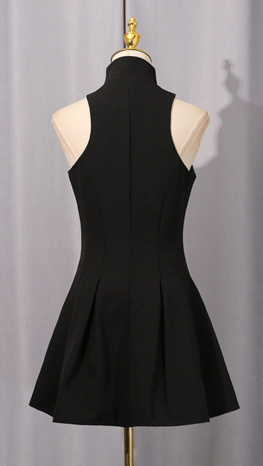 IDOLA BLACK HIGH-NECK MINI DRESS | STATEMENT GOLD ZIPPER SLEEVELESS LBD