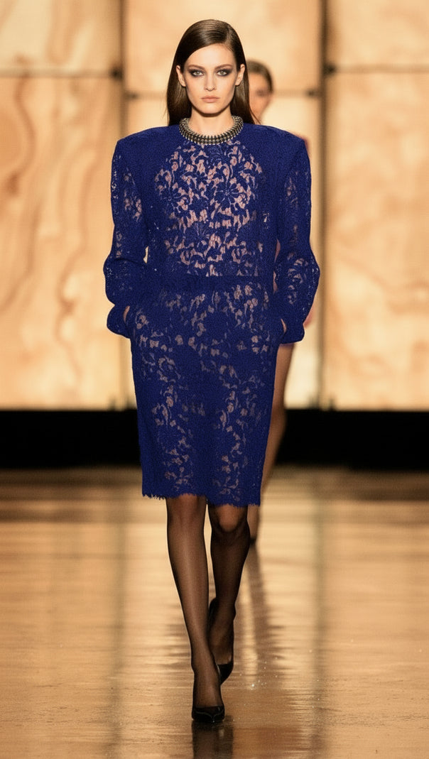 AIIZIE HERMIA ROYAL BLUE LACE LONG SLEEVE MINI DRESS - CHIC & VERSATILE FOR WOMEN - product image