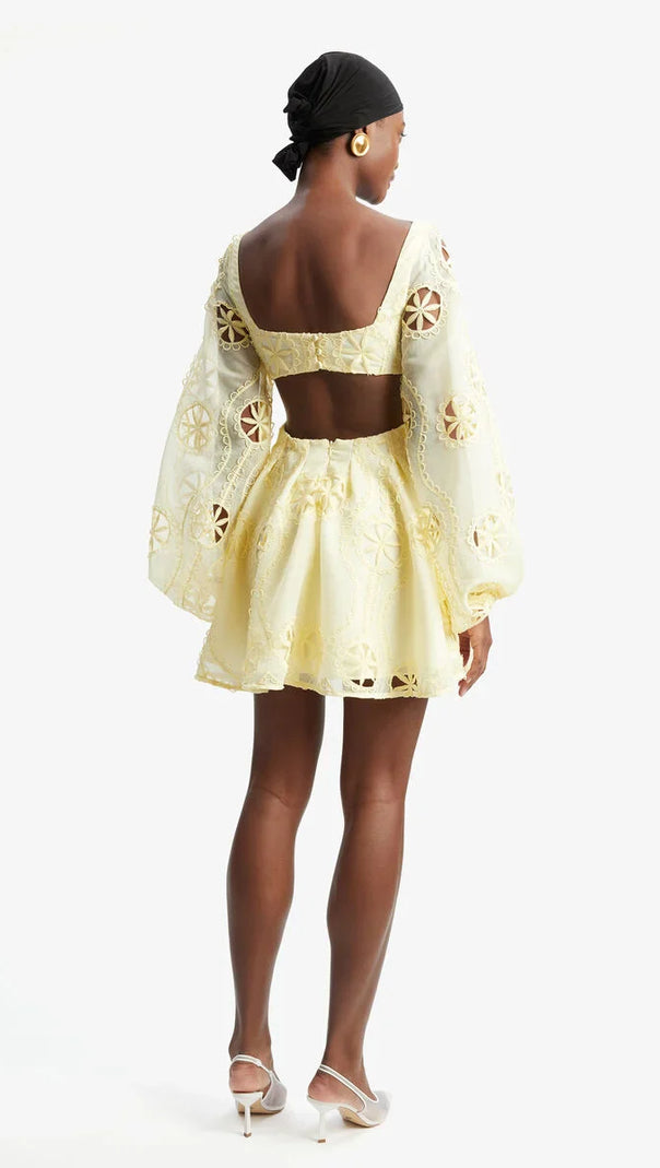 AIIZIE TIFFANY V-NECK PUFF SLEEVE HOLLOW MINI DRESS IN YELLOW - product image
