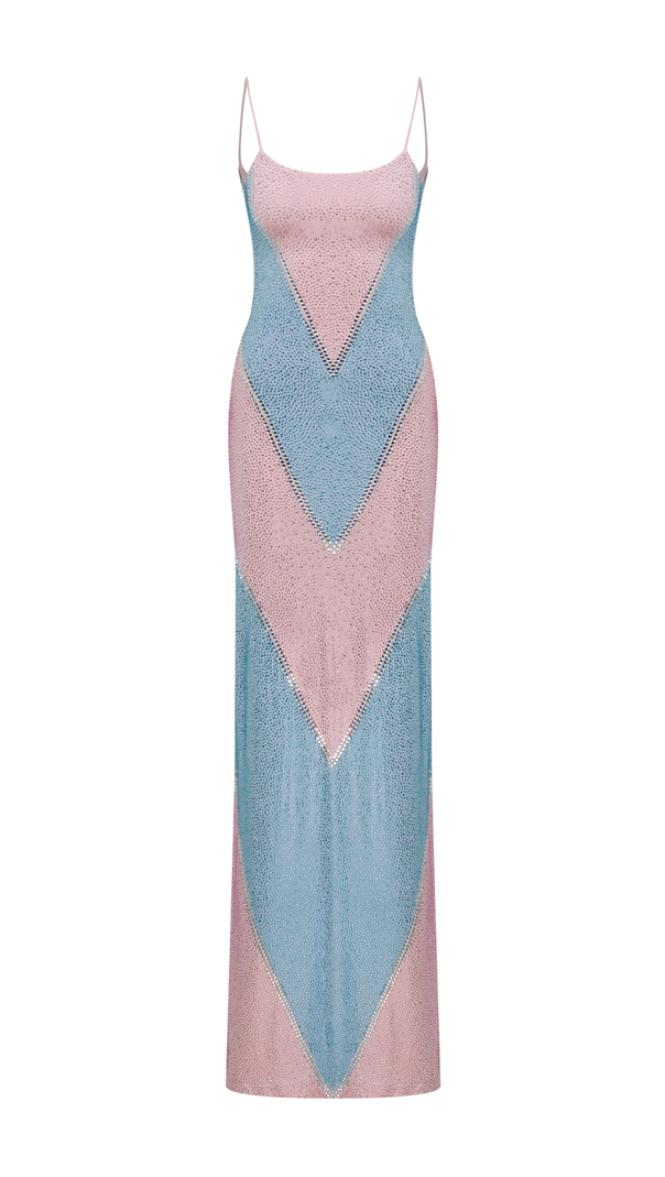 AIIZIE simona fully rhinestoned bodycon maxi dress - blue & pink - product image
