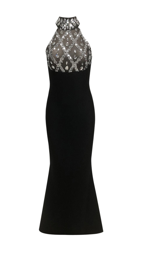 AIIZIE Iwao Black Halter Rhinestone Maxi Gown - Show-Stopping Sparkle & Elegance - product image