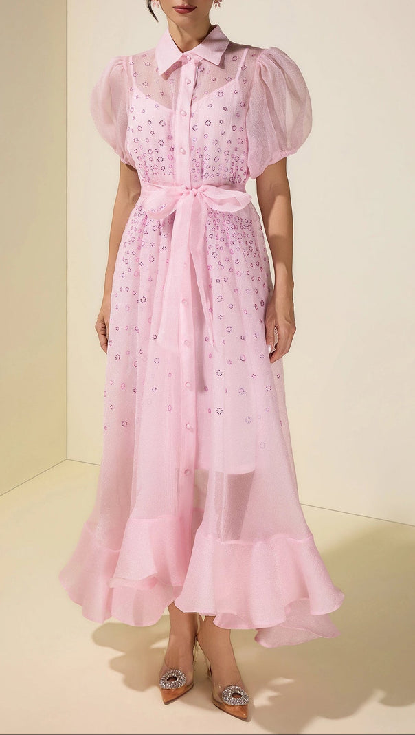 sylvia Rhinestone Puff Sleeve Maxi Dress With Belt - pink