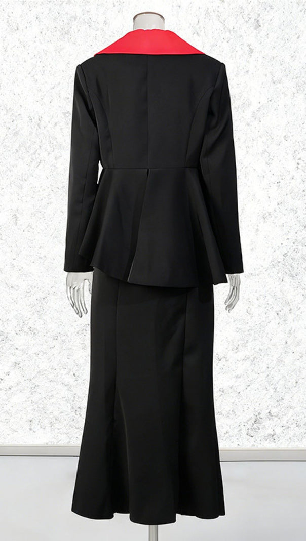 AIIZIE Janiya Black Peplum Blazer & Maxi Skirt Set with Dramatic Red Feather Accent - product image