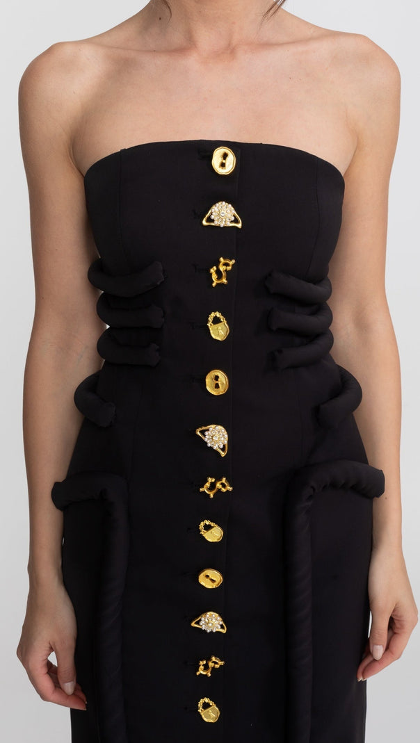 Black Midi Dress With Sculptural Knotted Bodice Detail And Jewel Buttons - Black